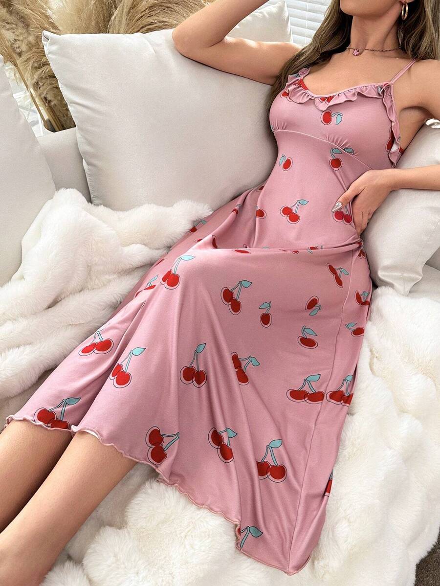 Cherry Print Ruffle Trim Cami Pajama Nightdress Long Dress - Pink - View 1