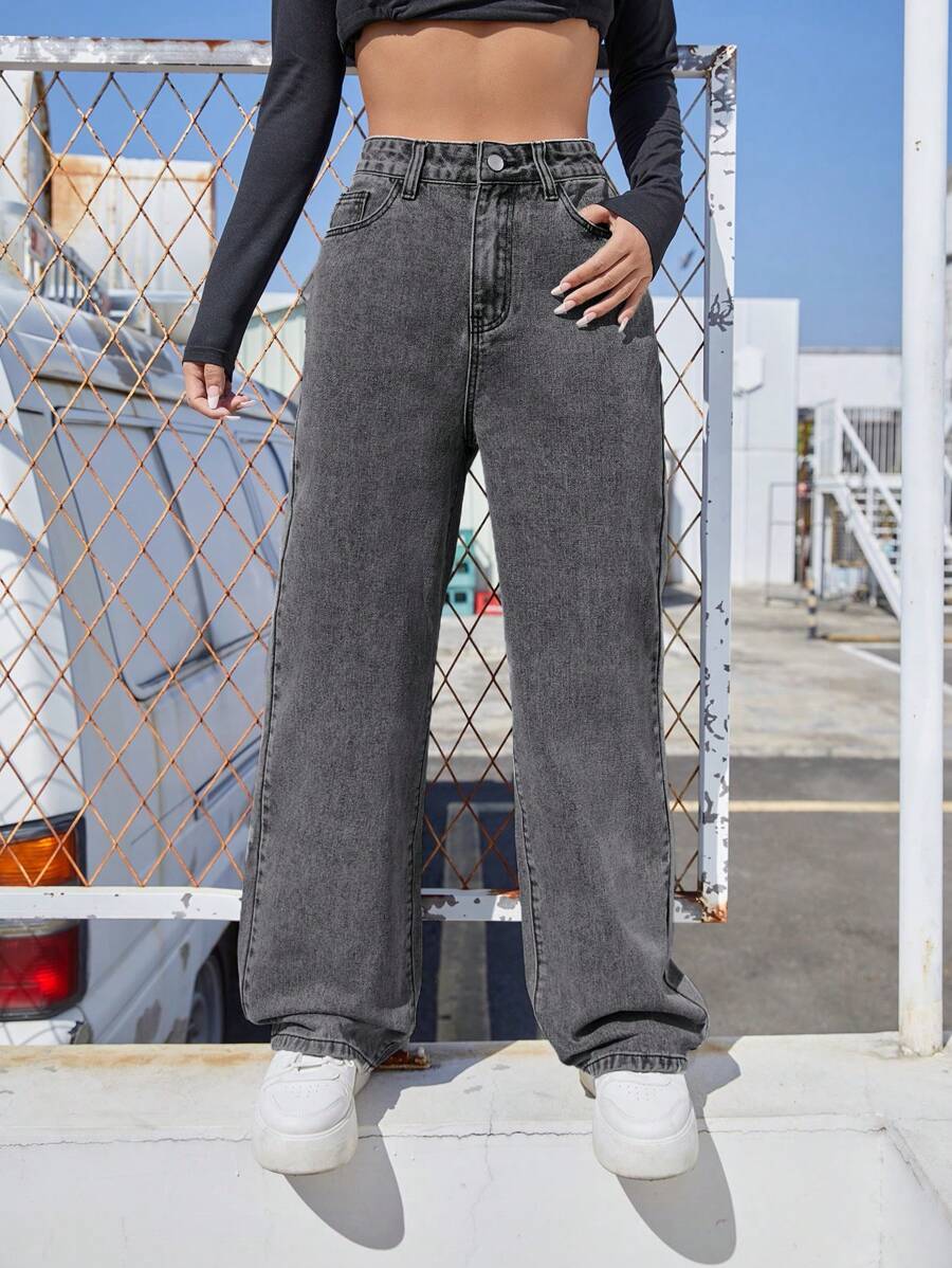 SHEIN EZwear 高腰闊腿牛仔褲