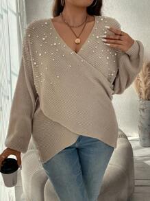 SHEIN Clasi Plus Pearls Beaded Crossover Drop Shoulder Sweater, For Winter - Khaki - View 3