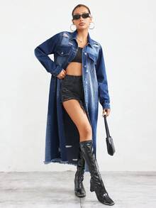 SHEIN Privé Flap Pocket Raw Hem Denim Coat - Medium Wash - View 4