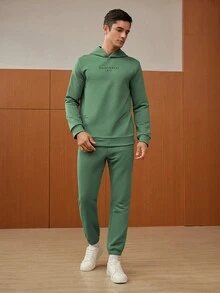 GENTILAND Men Letter Graphic Hoodie & Sweatpants - Green - View 5