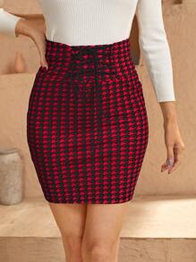 SHEIN Privé Lace Up Front Houndstooth Bodycon Skirt - Red - View 3