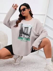 SHEIN EZwear Plus Building & Slogan Graphic Drop Shoulder Tee - Apricot - View 6