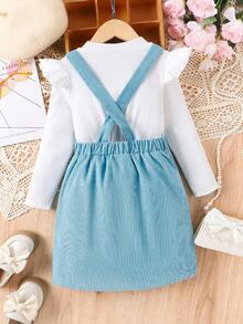 SHEIN Young Girl Ruffle Trim Tee & Letter Patched Overall Dress - White - View 2