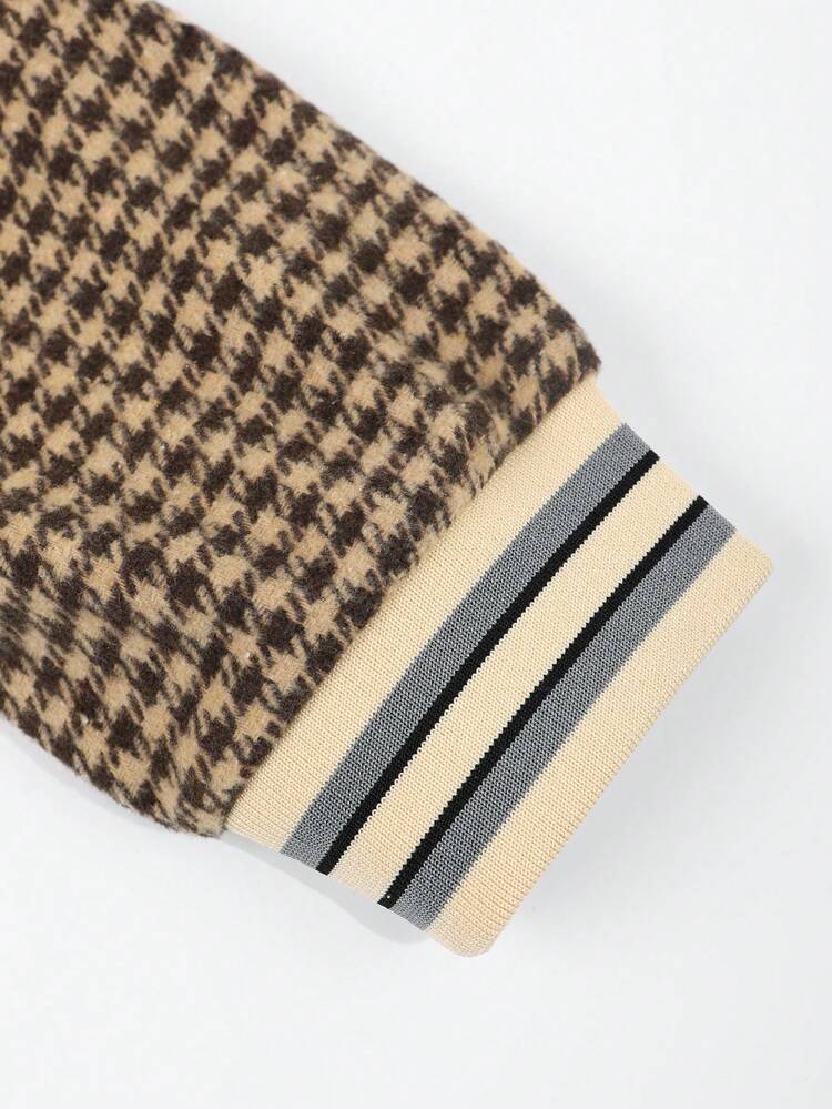 Men Houndstooth & Letter Graphic Striped Trim Drop Shoulder Overcoat Without Hoodie