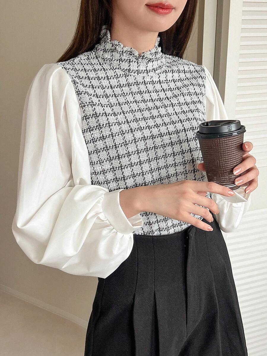 FRIFUL 格纹印花荷叶边灯笼袖衬衫长袖上衣