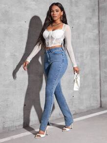 SHEIN EZwear 高腰下擺開叉緊身牛仔褲 - 深色水洗藍 - 查看 1