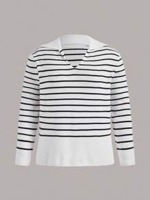 SHEIN BASICS 大碼條紋圖案落肩袖套頭毛衣 - 黑與白 - 查看 6