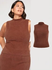 SHEIN BASICS Plus Mock Neck Fluffy Knit Top - Brown - View 1