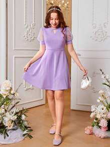 SHEIN Leap Crew Teen Girl Keyhole Neckline Contrast Mesh Puff Sleeve Dress - Mauve Purple - View 3
