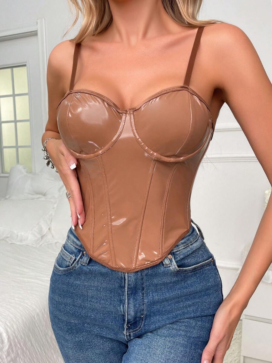 Solid Underbust Corset Top - Brown - View 1