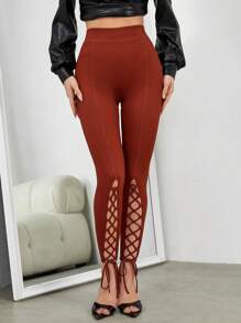 SHEIN Essnce Lace Up Front Leggings - Brown - View 5