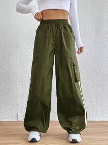 SHEIN EZwear Contrast Tape Side Flap Pocket Side Cargo Pants - Army Green - View 5