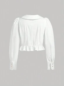 SHEIN MOD Camisa unicolor bajo con fruncido de manga farol - Blanco - Ver 2