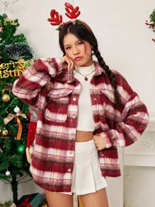 SHEIN EZwear 秋冬格纹印花落肩翻盖口袋贴布细节大衣 - 彩色 - 查看 6