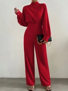 Chiquease Mock Neck Lantern Sleeve Wide Leg Jumpsuit - Burgundy - View 1