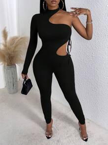 Slaydiva One Shoulder Cut Out Waist Unitard Jumpsuit - Black - View 4