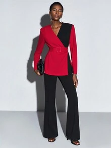 Maija Two Tone Belted Blazer - Red - View 2