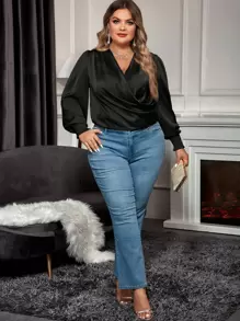 SHEIN Clasi 大碼交疊領燈籠袖緞面襯衫 - 黑色 - 查看 5