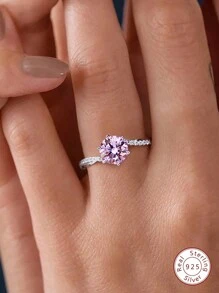 1入組1CT粉色莫桑石水鑽訂婚戒指婚戒適合女士S925純銀扭結戒指定情戒指永恆戒指週年紀念日情人節戒指奢華女士們首飾類禮物