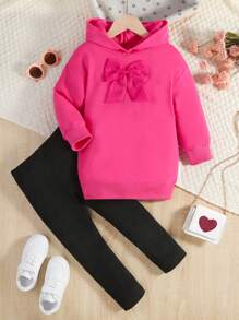 SHEIN 女小童前蝴蝶結連帽衫和緊身褲