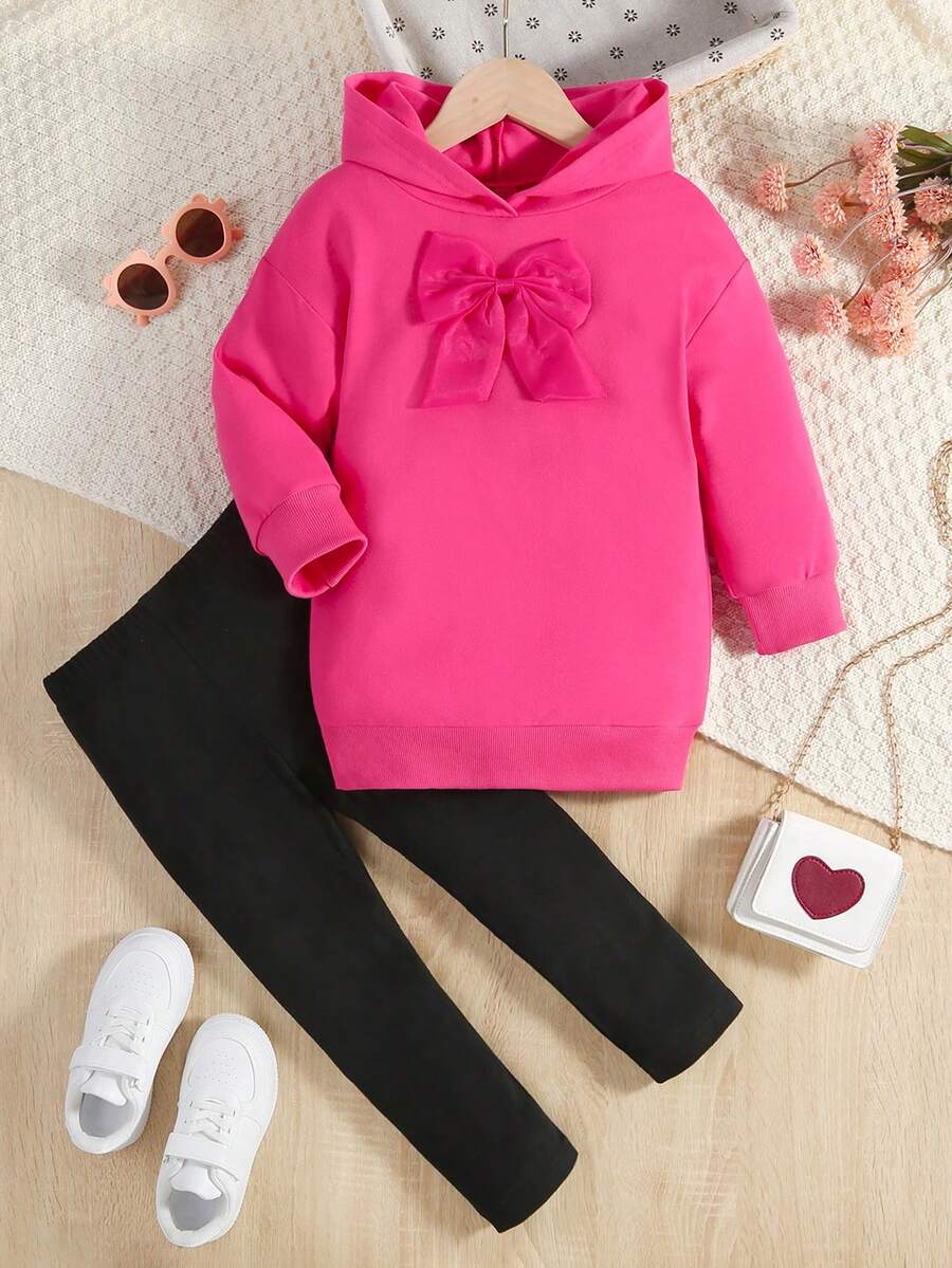 SHEIN 女小童前蝴蝶結連帽衫和緊身褲