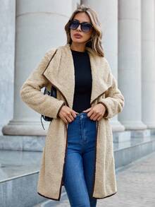 SHEIN Clasi Abrigo teddy de cuello cascada unido en contraste - Albaricoque - Ver 3