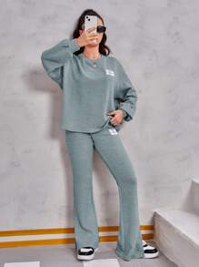 Teen Girl Letter Patched Drop Shoulder Tee & Pants - Baby Blue - View 4