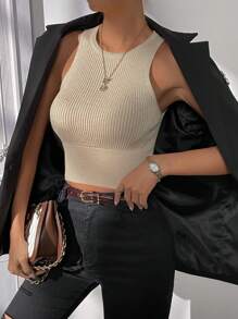 SHEIN Privé Solid Ribbed Knit Crop Knit Top - Apricot - View 3