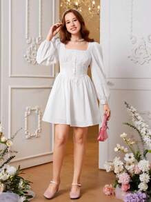 青少年女孩方領前紐扣燈籠袖洋裝 - 白色 - 查看 3