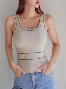 DAZY 撞色滾邊保暖背心上衣 - 米色 - 查看 1