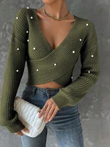 EMERY ROSE Faux Pearls Beaded Crossover Drop Shoulder Crossover Knit Pullover Fall Winter Sweater - Army Green - View 4