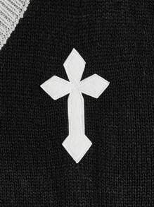 ROMWE MEN Goth Guys Cross Pattern Contrast Trim Sweater Vest - Black - View 4