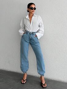 EURMUSE High Waist Jogger Jeans - Light Wash - View 4