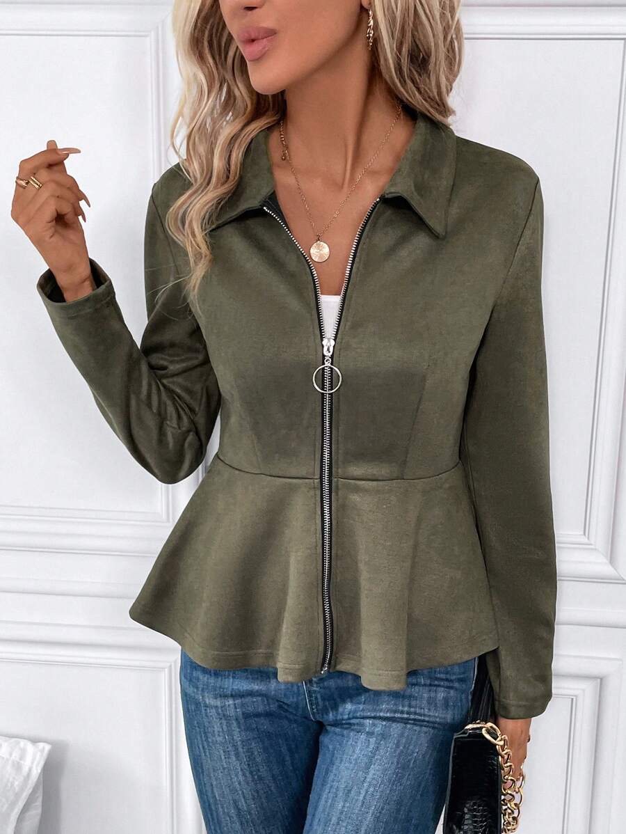 SHEIN Clasi Zip Up Peplum Hem Jacket - Army Green - View 1
