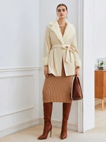 BizChic Fuzzy Collar Belted Coat In Fall/Winter - Beige - View 3