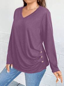 SHEIN Clasi Plus Size Fall Women Clothes Apricot V-Neck Texture Small Plaid Fabric Casual Long Sleeve Teacher T Shirt Fall Women Clothes - Purple - View 4