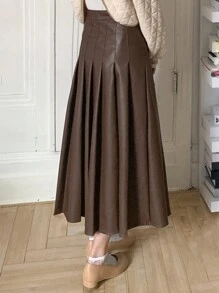 FRIFUL High Waist PU Leather Pleated Skirt - Coffee Brown - View 2