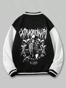 ROMWE MEN Goth Guys Skeleton & Slogan Graphic Striped Trim Drop Shoulder Varsity Jacket - Black - View 1