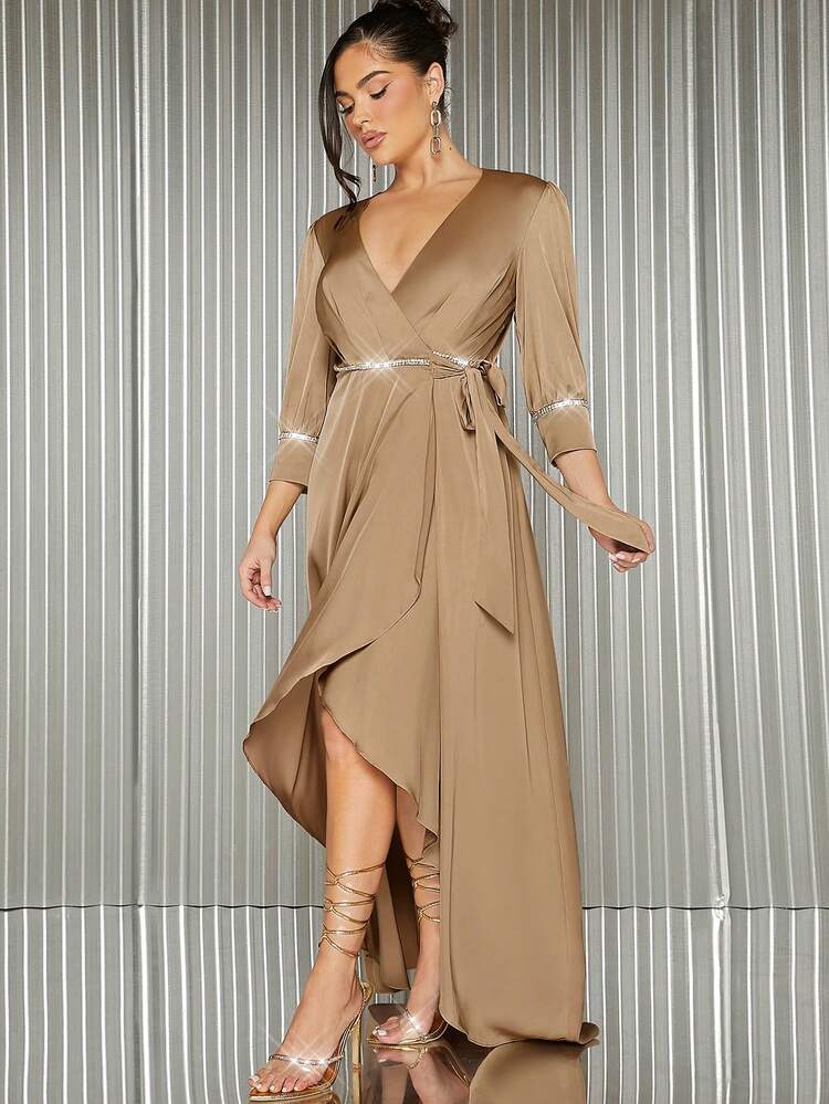 Wrap Tie Rhinestone Trim Satin Dress