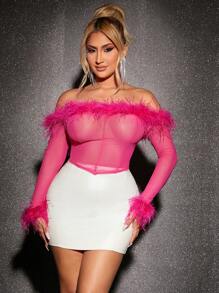 SHEIN SXY Fuzzy Trim Off Shoulder Fuzzy Trim Asymmetrical Hem Mesh Top