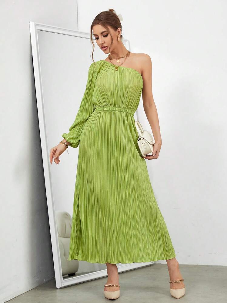 SHEIN Privé 單肩燈籠袖褶皺繫腰帶洋裝 - 綠色 - 查看 1