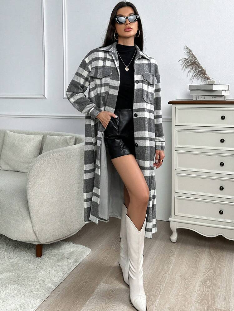 Plaid Print Drop Shoulder Flap Pocket Longline Overcoat