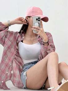 DAZY Plaid Print Drop Shoulder Shirt,Long Sleeve Tops,Back To School Clothes,Flannels Women - Pink - View 8