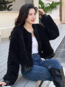 DAZY Solid Button Front Teddy Bomber Jacket - Black - View 2
