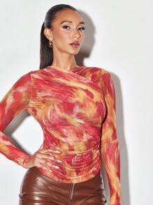 SHEIN BAE Nhuộm buộc Viền ven Áo thun - trái cam - Xem 3