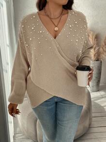 SHEIN Clasi Plus Pearls Beaded Crossover Drop Shoulder Sweater, For Winter - Khaki - View 1