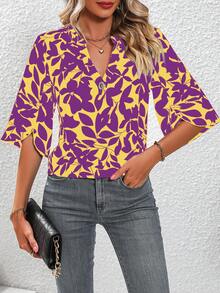 SHEIN LUNE 滿版印花缺口領花瓣袖襯衫 - 黃色 - 查看 6