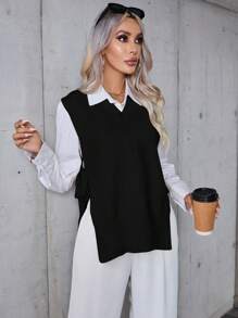 SHEIN Privé Split Knot Side Sweater Vest Without Blouse, Fall And Winter, Casual, Blackand, White - Black - View 1