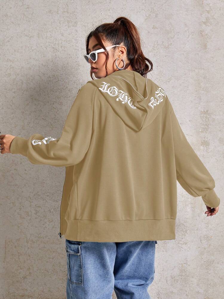 Plus Size Letter Graphic Raglan Sleeve Zip Up Sweatshirt